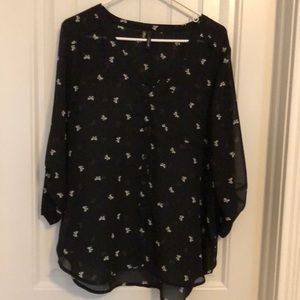 Maurices Black Button Down Blouse Sheer Black with White Bow Print. Size XL.